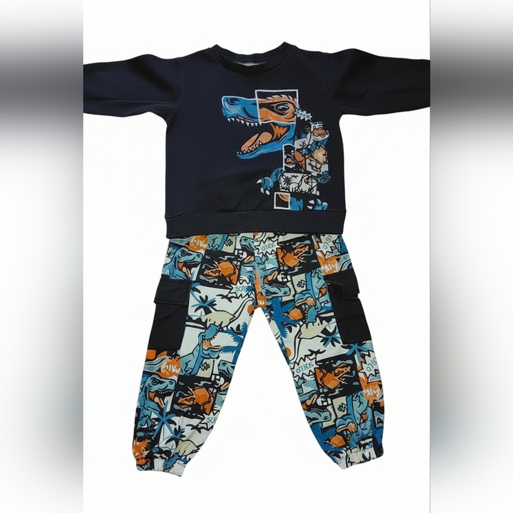 Shein Kids Dinosaur Sweat Suit  Set - Black and Blue 4t